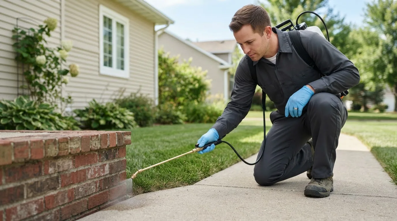 Pest control technician treating a home near Newark, OH